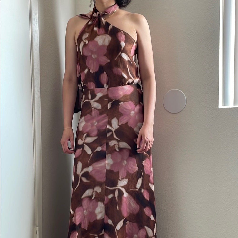 BAYMO LABEL DRESS Pink and Brown Halter Maxi Sundress for Weddings